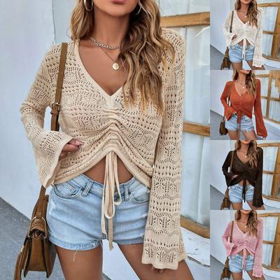 Kadın Modası Örme V Yaka Delikli İpli Genişletilmiş Kol Jumper