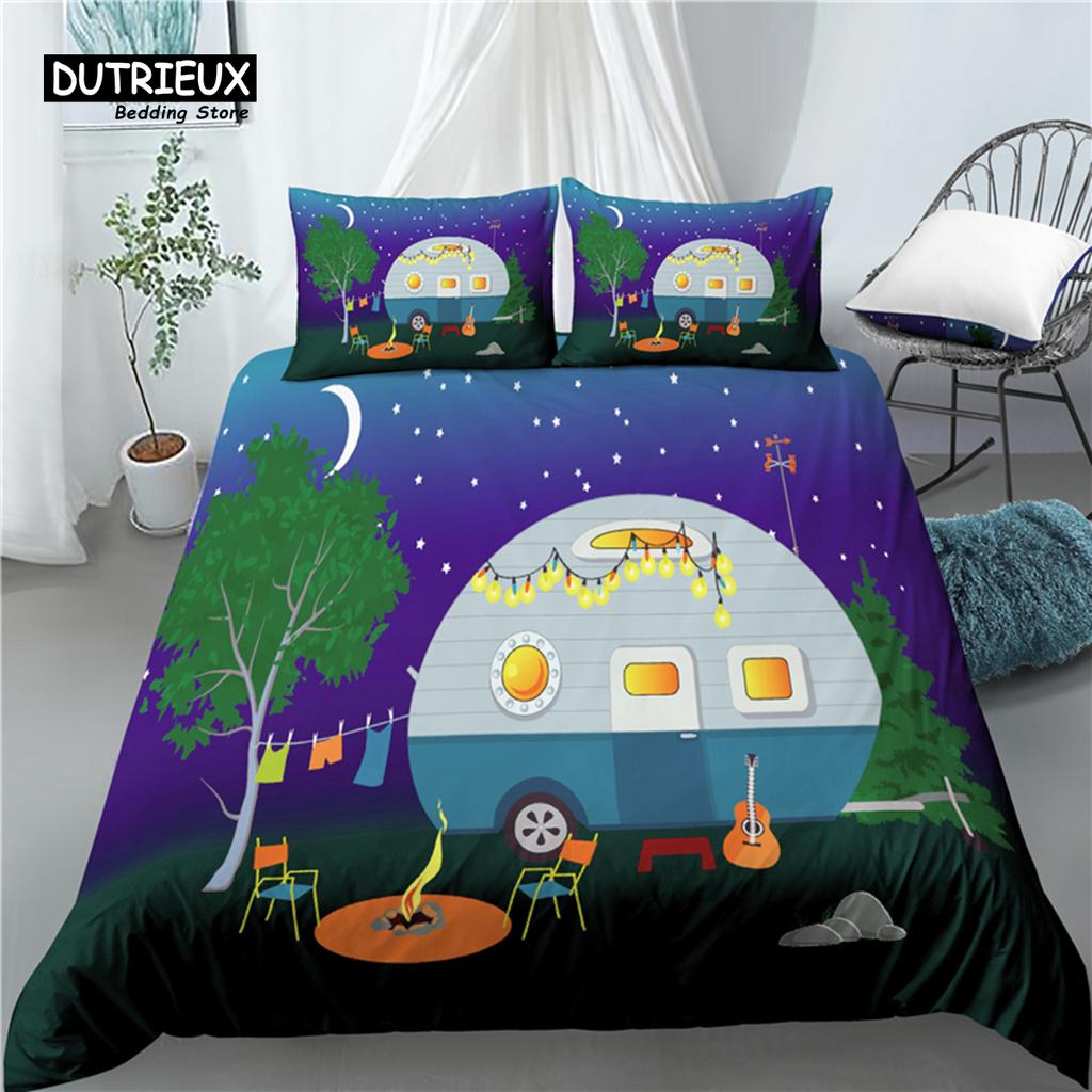 Home Living Luxury 3D Camping Print 2/3-teilig Bequeme Bettbezug-Kissenbezug-Bettwäsche-Sets Queen und King AU/EU/US-Größe