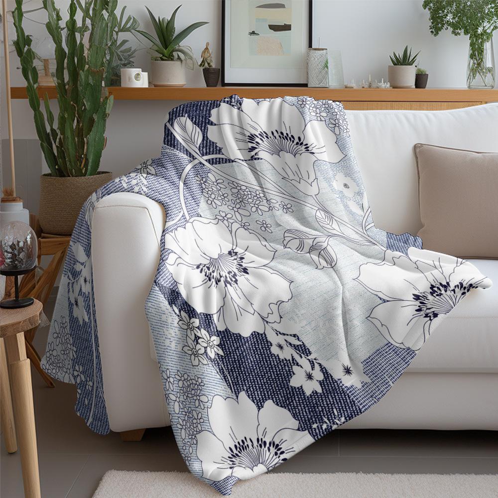 Blue Floral Embroidered Blanket Throw Soft Fleece Bedding Sofa Cover for Women Girls Gift