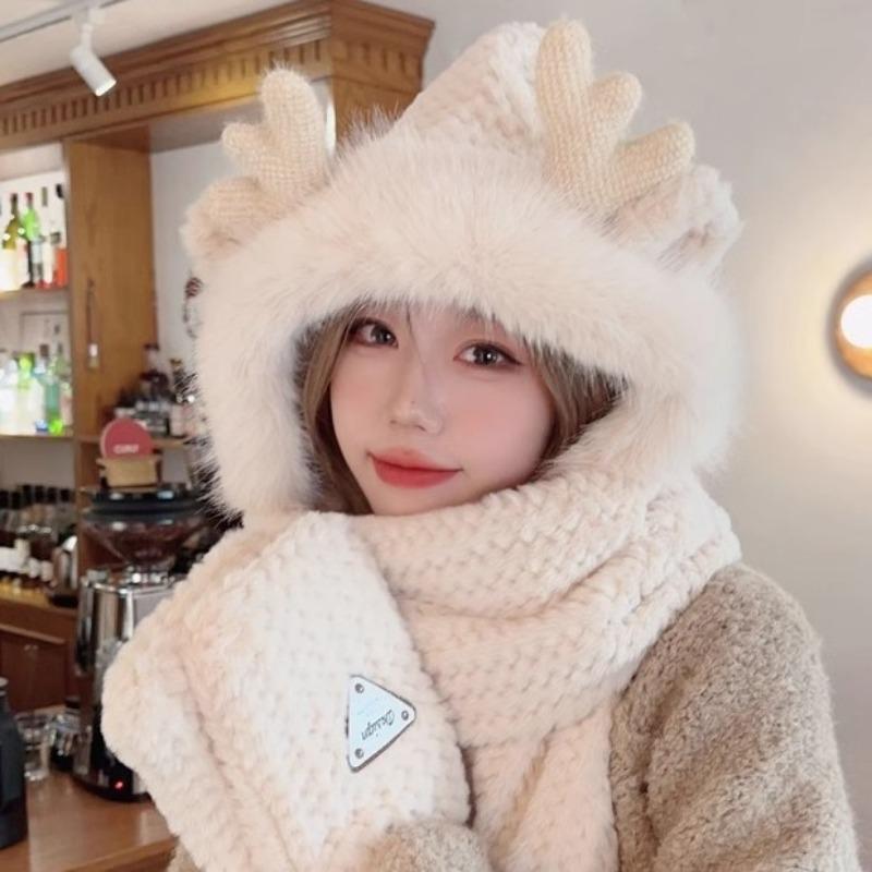 New hat women's autumn and winter scarf gloves integrated winter cute antlers plush warm thickened three-piece set