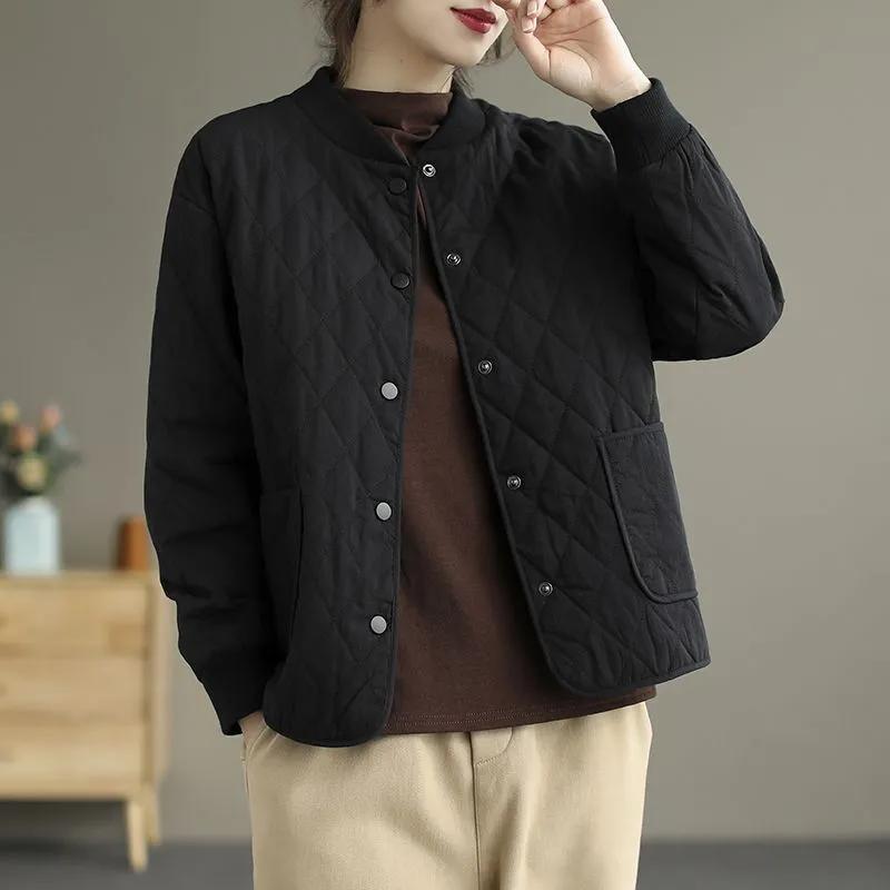 Giacca comoda da donna autunno e inverno, sottile, ampia, tinta unita, scollo tondo, corta, con clip a traliccio di diamanti, in cotone