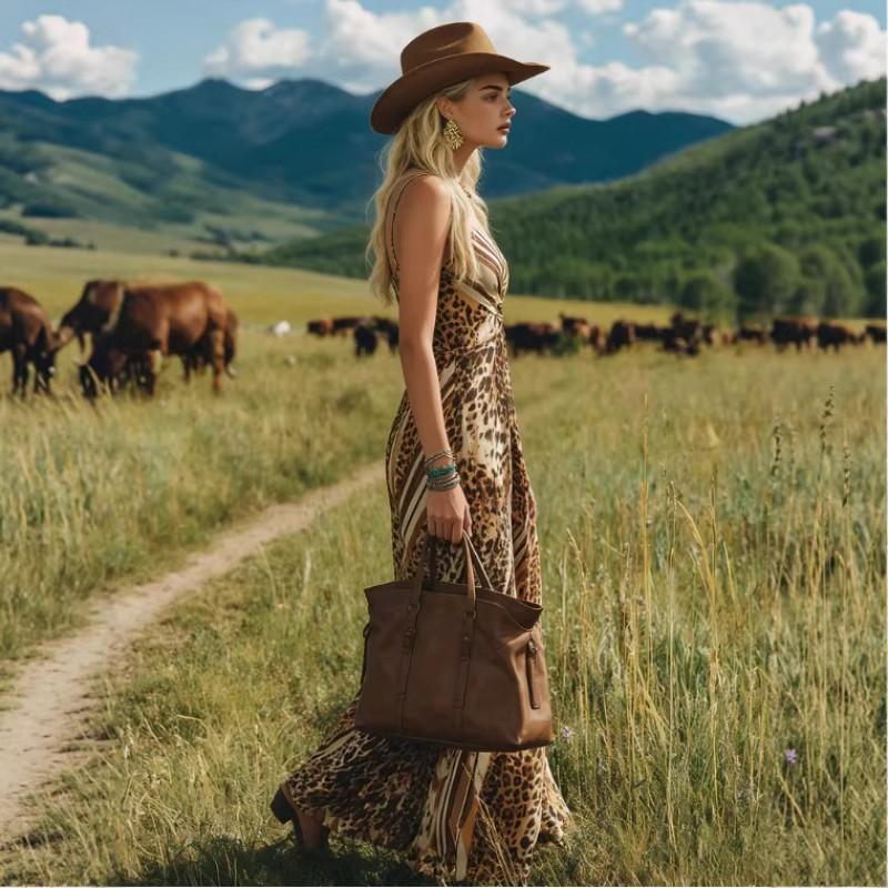 Sexy V-Neck Leopard Print Slit Maxi Dress High Waist Sleeveless Long