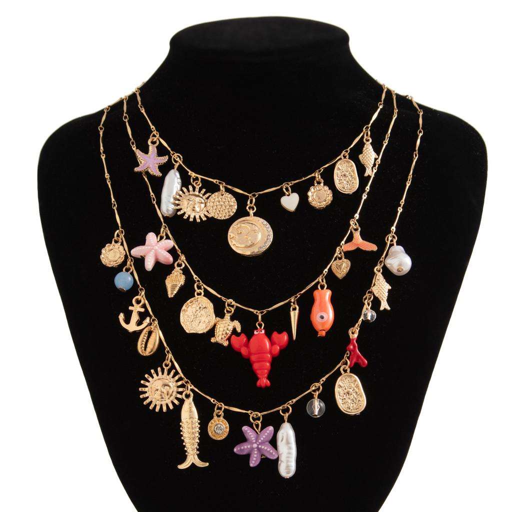 Ocean Wind Starfish Shells Stacked Necklace Female, Beach Vacation Lobster Hang Tag Pearl Necklace