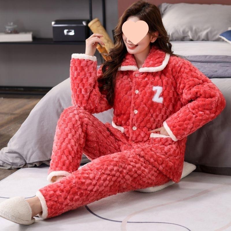 Pajamas women's winter warm winter fleece thickened coral fleece three layers of cotton autumn and winter women's loungewear