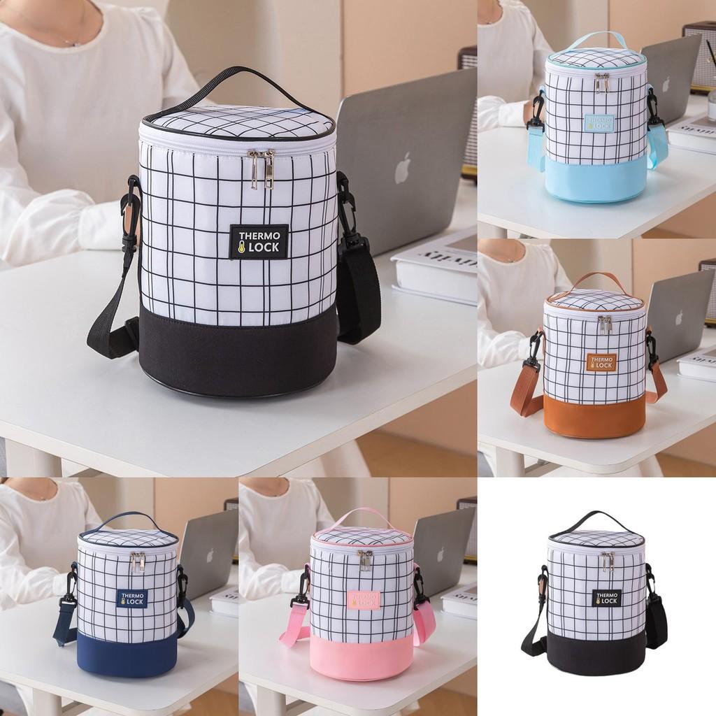 Simple Cylindrical Heat Preservation Bento Bag With Grid Design And Letter Print