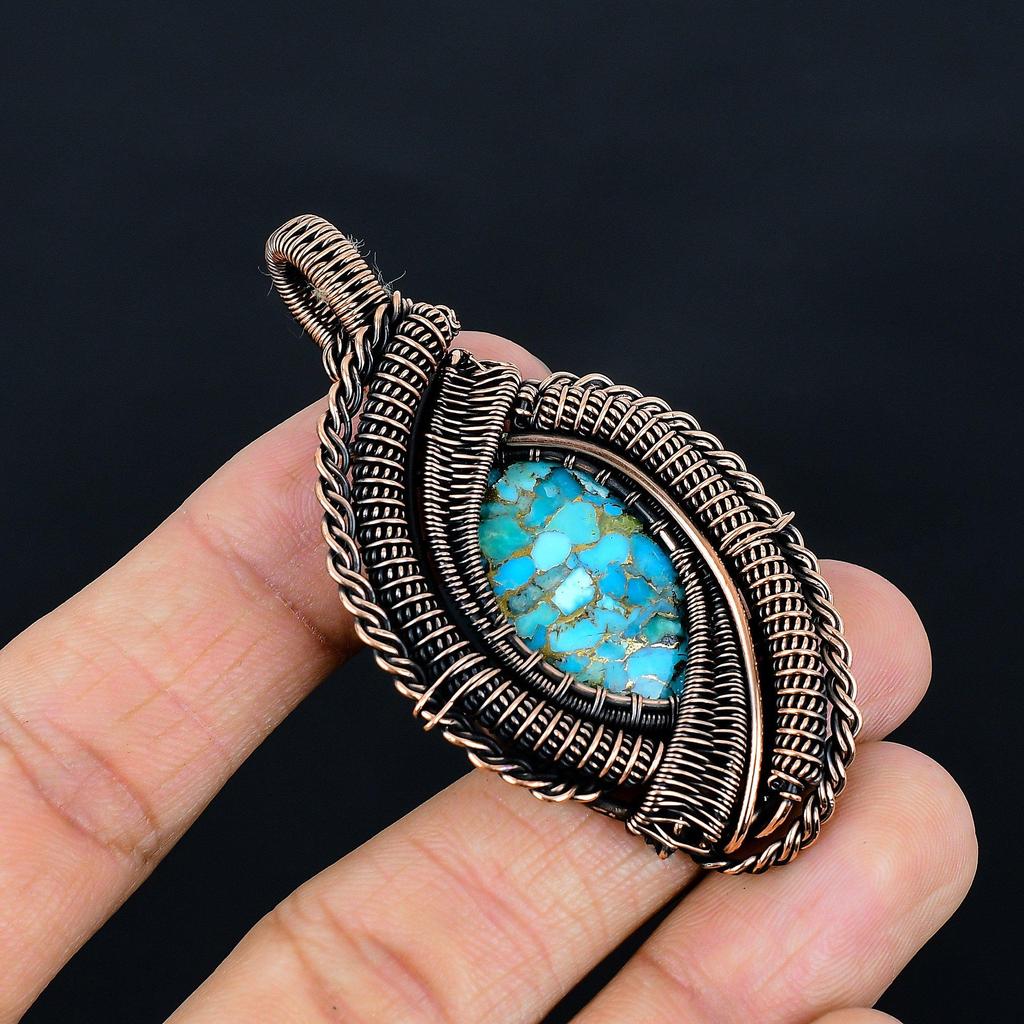 Blue Copper Turquoise Handmade Gemstone Pendant, 999 Copper Wire Wrapped Pendant Antique Jewelry, For Engagement Gift
