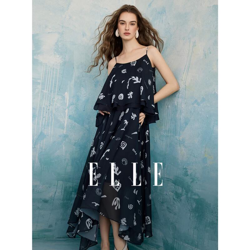 ELLE Women s Ruffle Print Chiffon Strap Maxi Dress S