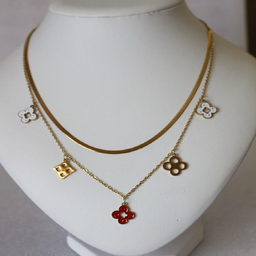 

Невыцветающее двухслойное ожерелье Lucky Clover из титановой стали с когтистыми костями 18K золотой
