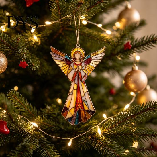 Christmas Gift Tags for Friends Stained Glass Style Angel Ornament, 2D Acrylic Tree Hanging Retro Holiday Party Supplies Decoration with Gold String,