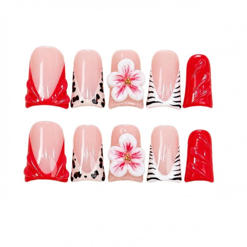 Handmade Short Duckbill Press-On Nails With 3D Cherry Blossom Leopard Zebra Patterns Women