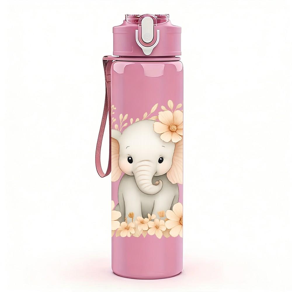 1PC Soft Floral Baby Elephant 750ml Color Plastic Sports Water Bottle Leakproof Flip Straw Lid Suitable for Sports Office Home Use