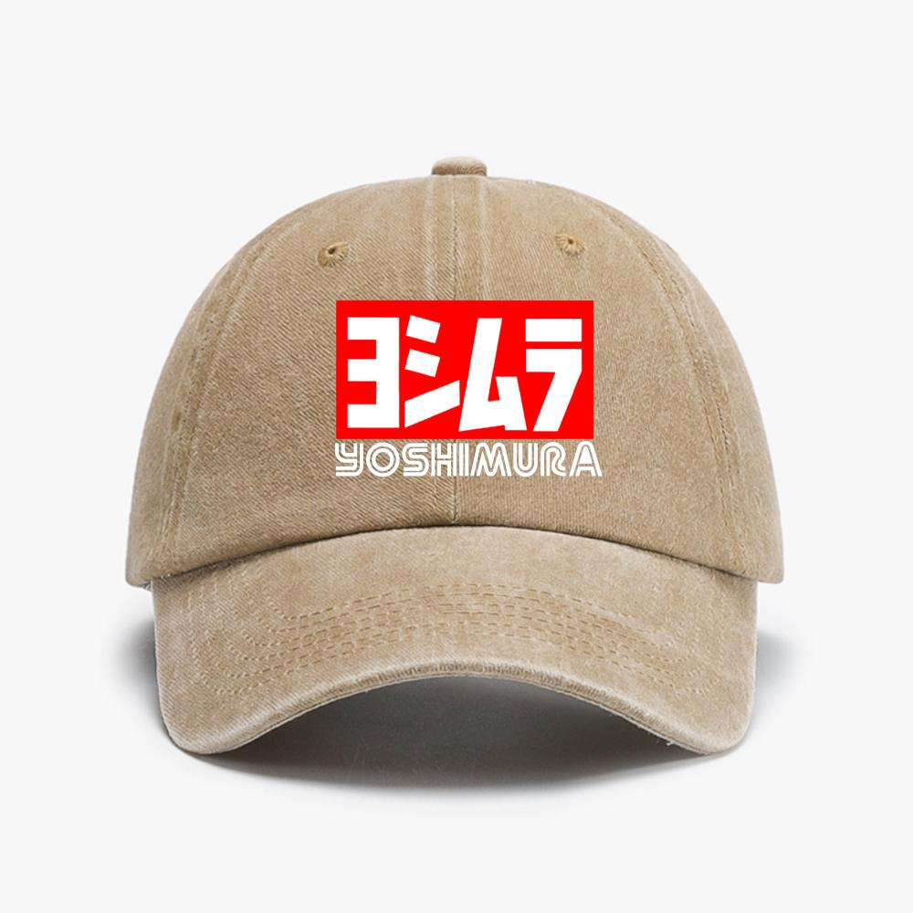 Yoshimura Motorcycle Racing Cap Adjustable Distressed Washed Baseball Hat with Bold Red White Logo Perfect for Sports Fans