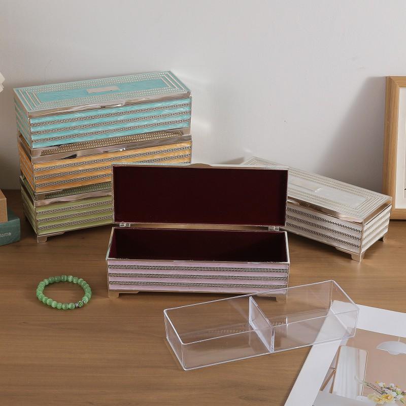 Long Rectangle Enamel Jewelry Box With Rhinestones Feet Luxury Desktop Decor Craft