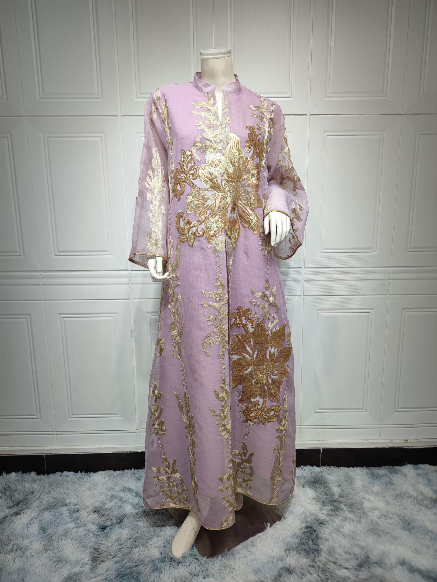 

Gold Sequin Embroidered Tulle Jalabiya Abaya for Muslim Women - Middle East Style Small світло-рожевий колір