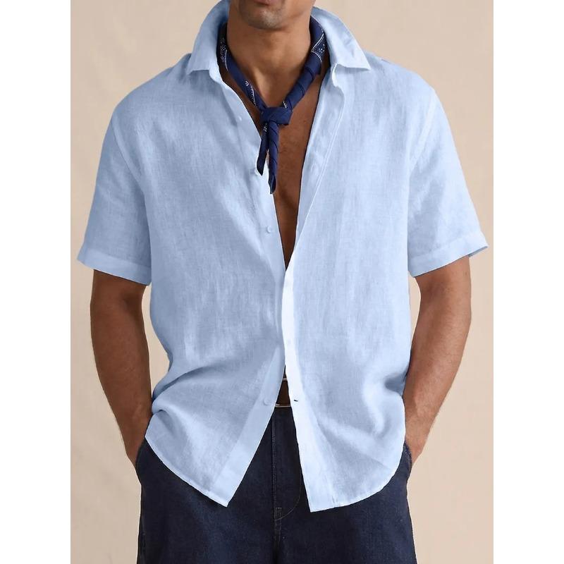 Mens Casual Solid Color Linen Short Sleeve Button Up Shirt