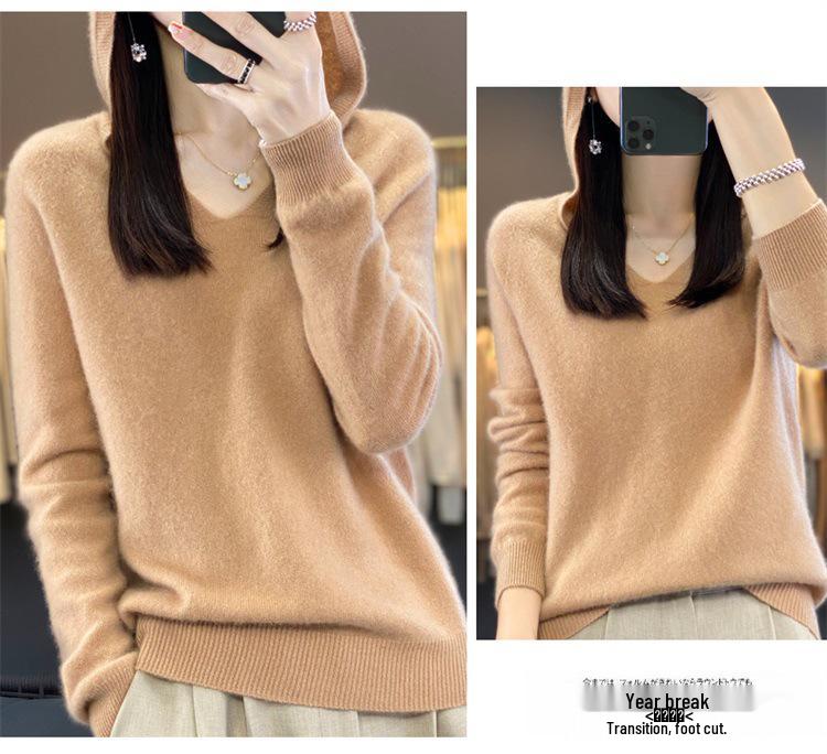 Women's V-Neck Hooded Wool Sweater - Autumn/Winter Loose Knit Pullover