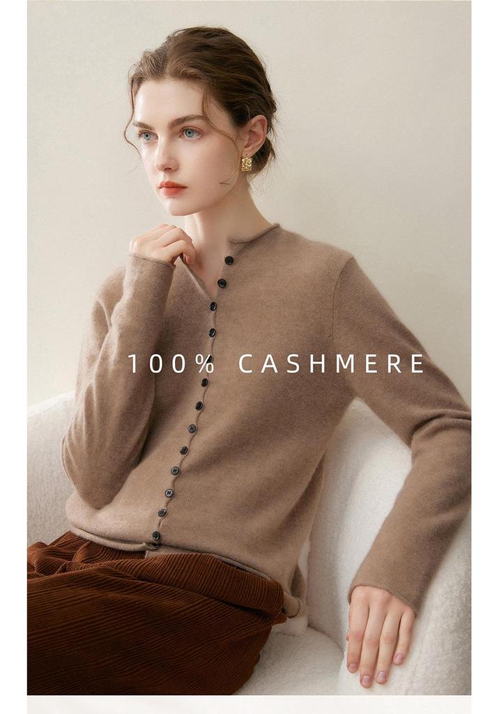 Women's 100% Cashmere Cardigan - Autumn/Winter Rolled Edge, Round Neck Buttoned Knit Sweater Coat