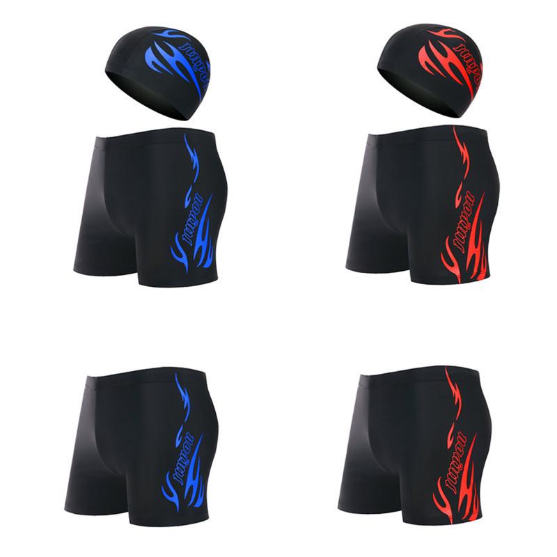 Men's Solid Color Swim Cap and Beach Shorts Set - Large Size Boxer Trunks with Letter Print, Anti-Embarrassment Design.