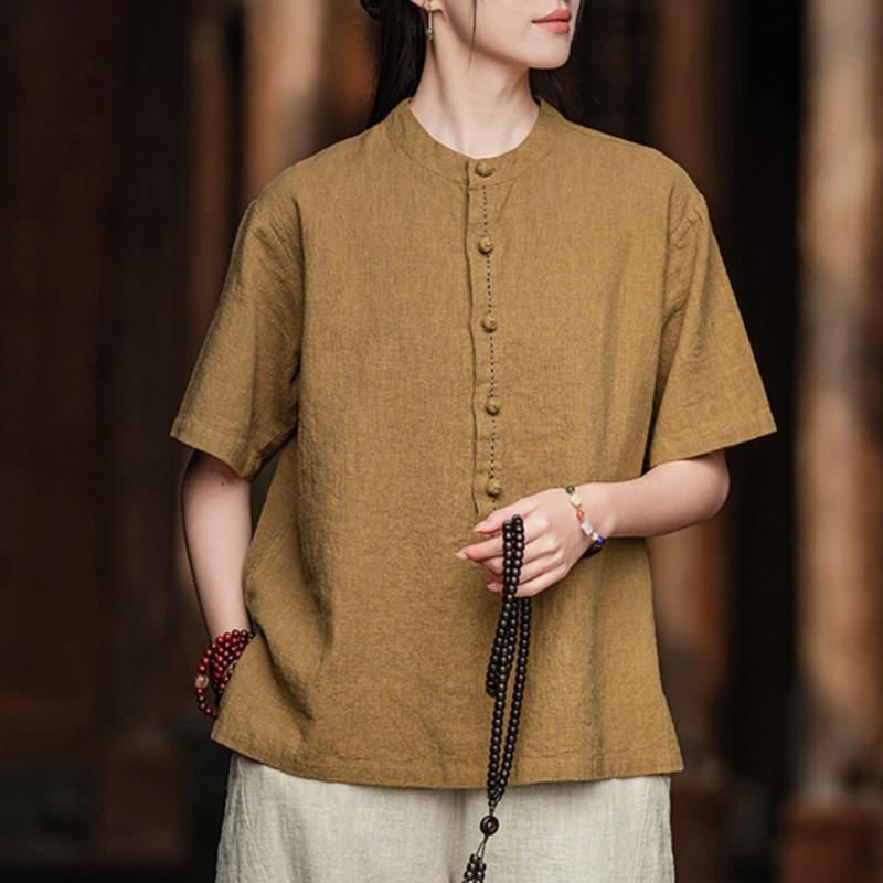 Johnature Women Vintage T-Shirts Stand Short Sleeve Summer Cloths Button Solid Color Loose T-Shirts