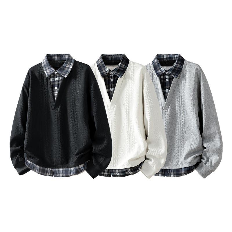 2026 Spring/Autumn Trendy Casual Plaid Hoodie - College Style, Loose Fit, Fake Two-Piece, Long Sleeve