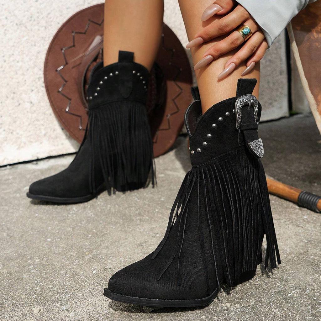 Womens Mid Calf Boots Flat Heel Womens Boots Comfortable Pull On Chunky Heel Pointed Toe Fringed Boots Botas Invierno Mujer