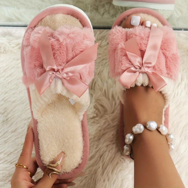 New Bow Decorative Plush Slippers For Women Autumn Winter Warm Indoor Home Soft Sole Lightweight Slides Furry Cotton Shoes