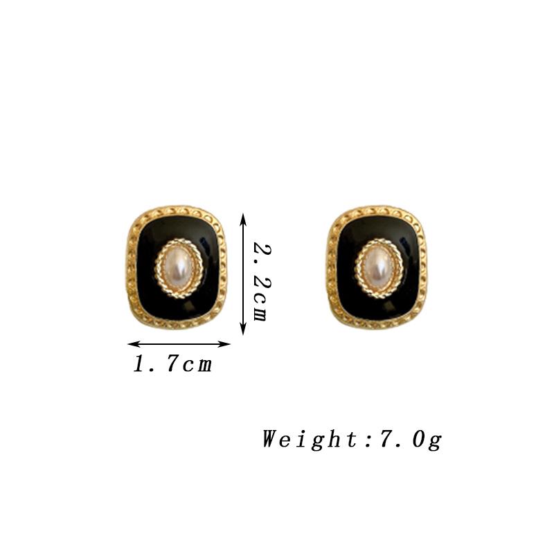 New Square Black Enamel Oil Stud Earrings for Women Party Elegant Oval Imitation Pearl Charms Earrings Vintage Trendy Jewelry