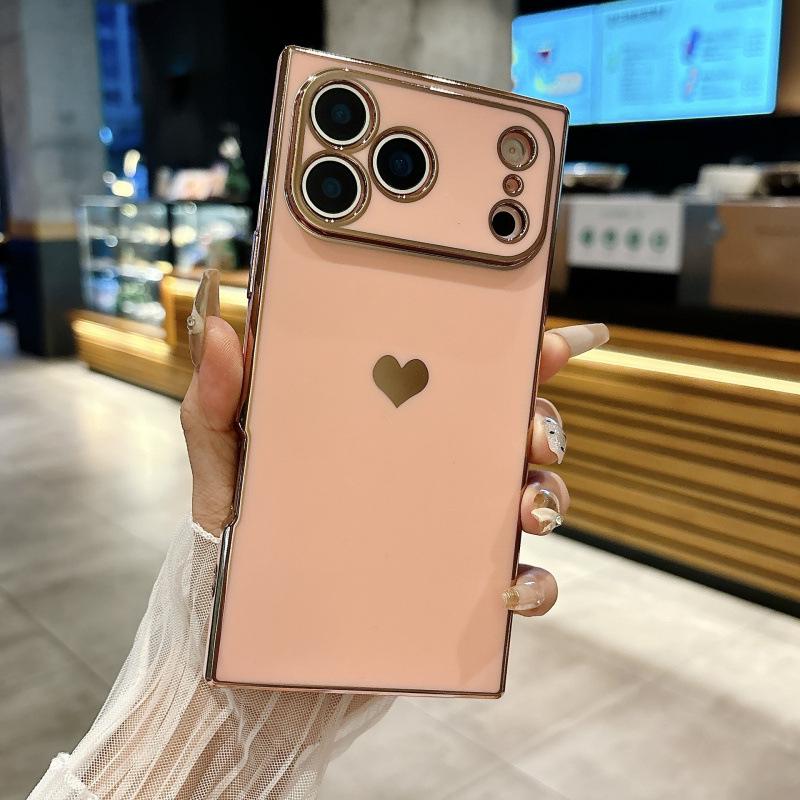 Galvanisiertes Herzdesign Vollständige Abdeckung Weiche Hülle für Apple 17 Pro Max - Quadratisches Pfirsichherz für 16 Pro Max & 15 Pro