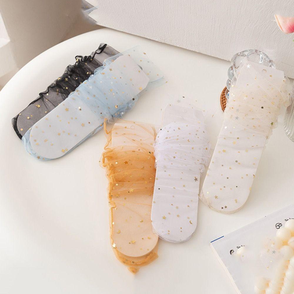 5Pairs Star Moon Tulle Shiny Socks Mid-calf Mesh Tube Socks Women Soft Transparent Bow Socks  Girl