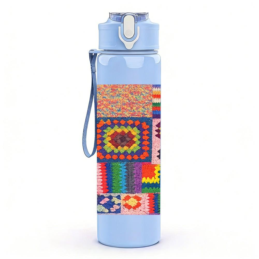 1PC Color Block Patchwork Art Print 750ml Color Plastic Sports Water Bottle Leakproof Flip Straw Lid Suitable for Sports Office Home Use