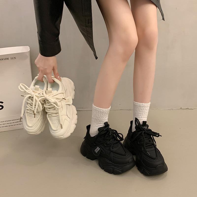 2025 High Platform Sneakers Women Leather Dad Shoes Women Black Chunky Sneakers Thick Sole Shoes Fashion Height Increasing Shoes