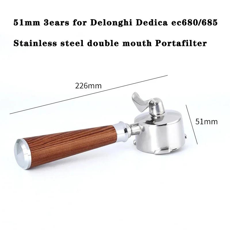 51mm Stainless Steel 3 Ears Portafilter for Delonghi Dedica Ec680/685 Coffee Machine Double Mouth Split Coffee Handle Utensils