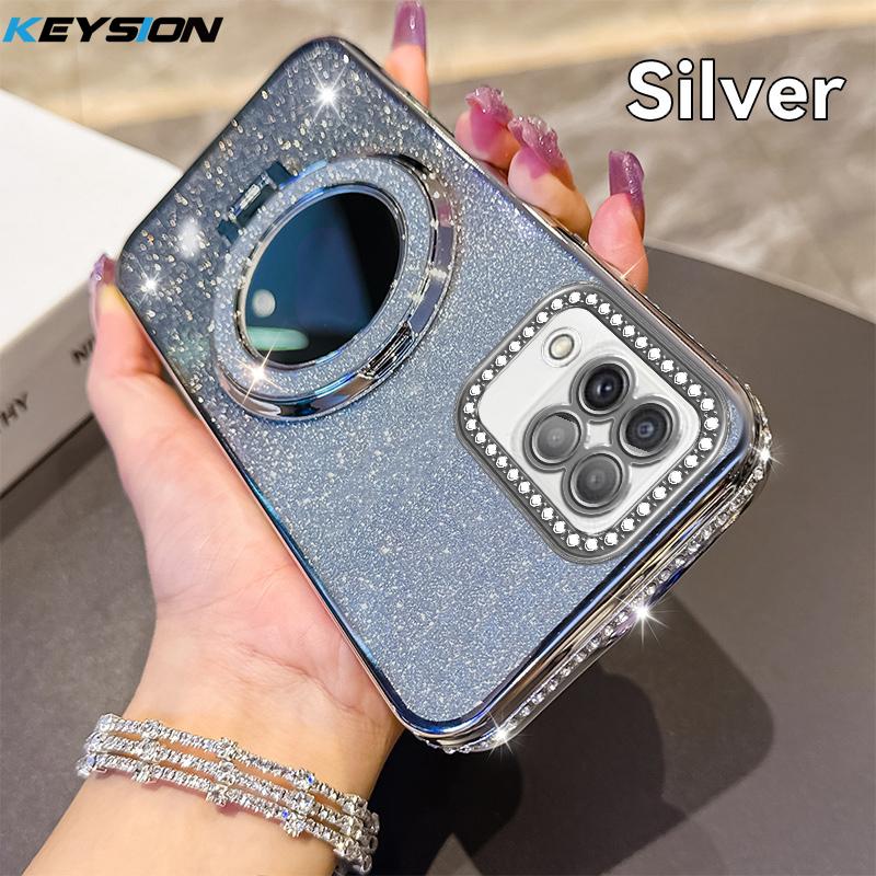 

KEYSION Luxury Glitter Jewelled Magnetic Phone Case for Samsung Galaxy A22 A22S 5G A12 M12 Makeup Mirror Stand Shockproof Cover for Samsung A12 срібний