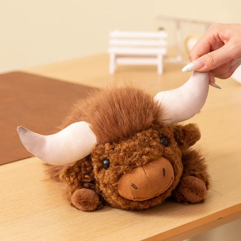 Lifelike Highland Cow Yak Plush Toy Brown Curly Fur Stuffed Animal Farm Collectible For Nature Wildlife Enthusiasts Display Gift