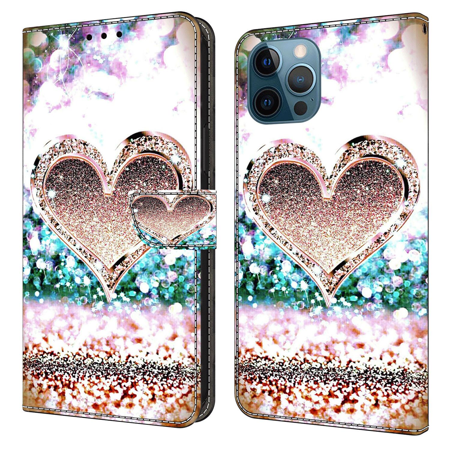 

For iPhone 15 Pro PU Leather Phone Case 3D Pattern Printing Wallet Stand Protective Cover Pink Diamond Heart