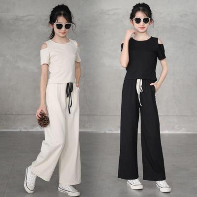 Girls' Summer Korean-Style Off-Shoulder Wide-Leg Pants Suit