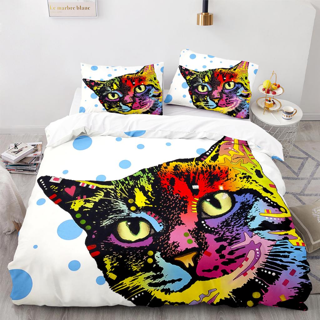 Cat Duvet Cover Set King Size Cute Cats Pattern Bedding Set Decorative Animal Polyester Comforter Cover with Pillowcases for Kid