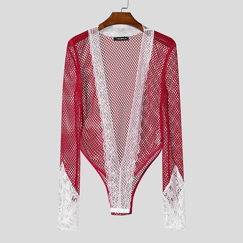 Men Long Sleeve Lace Patchwork Mesh See Through Party Bodysuits Jumpsuits Home Wear