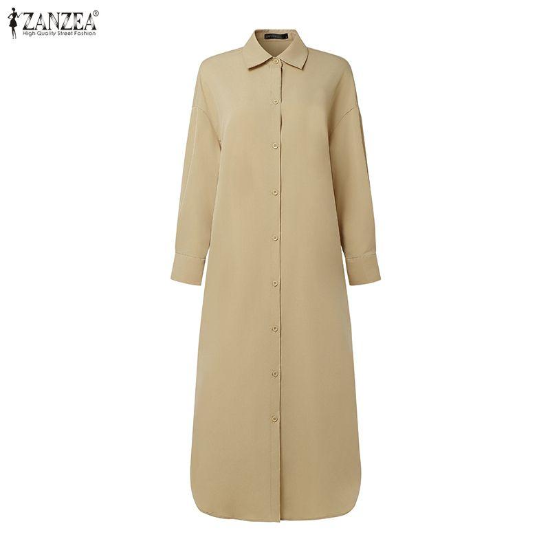 ZANZEA Women Casual Turn Down Collar 3/4 Sleeve Loose Shirt Dress