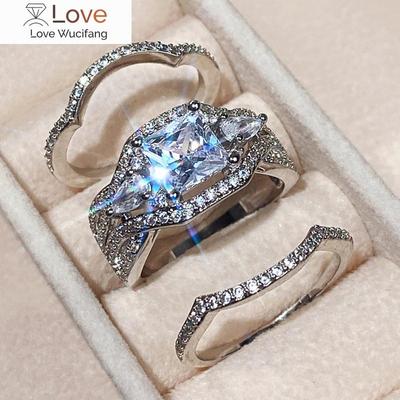 Noble Lady Wedding Ring Set with Brilliant CZ Gorgeous 3PC Bridal Ring Sets Delicate High-quality Accessories for Women