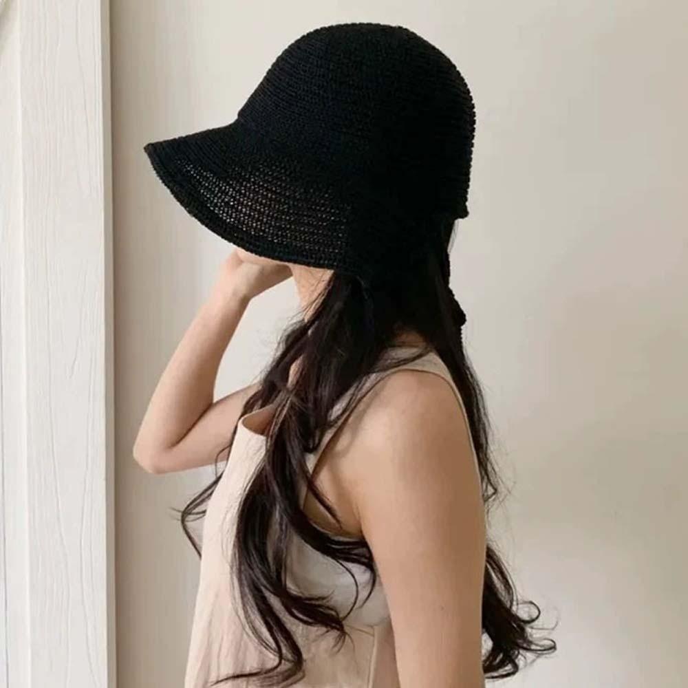 Elegant Breathable Vacation Beach Cap Big Brimmed with Windproof Folding Straw Hat Solid Color Lightweight Woven Sun Cap Daily
