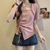 Pink Square Neck Short Sleeve T-shirt Pure Lust Spicy Girl Pleated Design Women Slim Top Casual Solid Color Korean Fashion