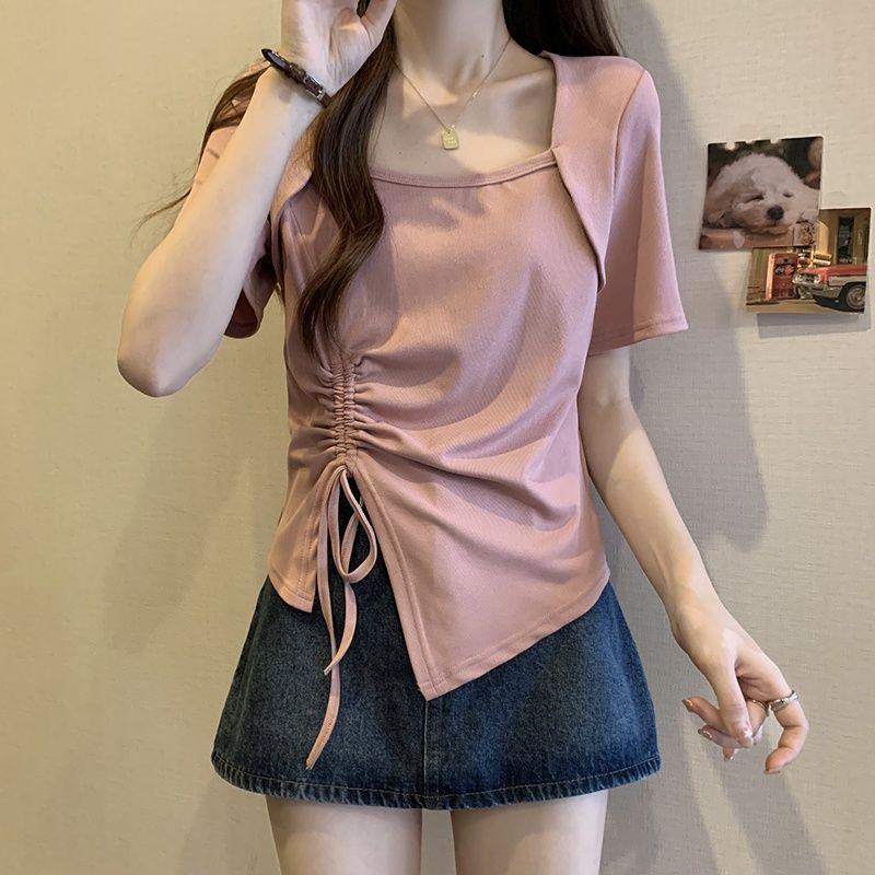 Pink Square Neck Short Sleeve T-shirt Pure Lust Spicy Girl Pleated Design Women Slim Top Casual Solid Color Korean Fashion