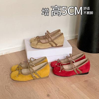 5 Innen erhöhende Schleife Wildleder Einzelne Schuhe neue Ballerinas Doppel-Schnalle mit Falten Mary Jane Damenschuhe