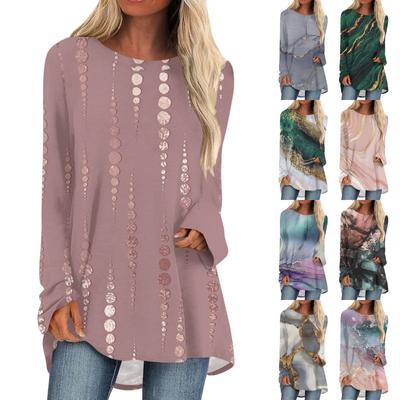 Moda feminina casual camiseta estampada manga comprida gola redonda comprimento médio top