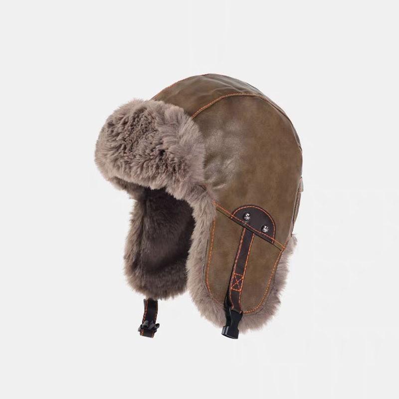 Unisex Winter Fleece-Lined Aviator Hat PU Leather Warm Ear Protection Cap Outdoor Cycling Cold Weather
