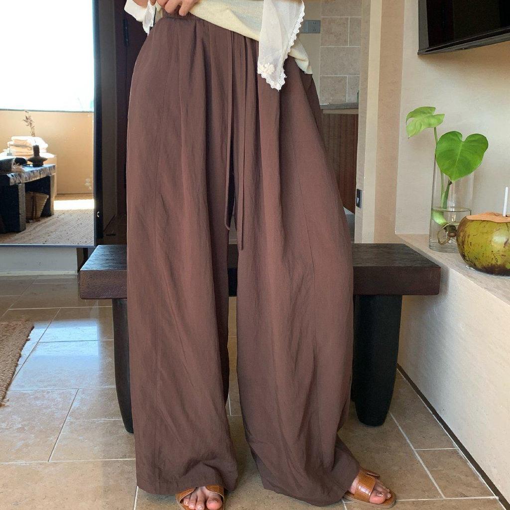 Women's Lemon Green Tea Relaxed Fit Elastic Waist Wide-Leg Pants - Slimming, Loose, Straight, Casual, Long (2026)