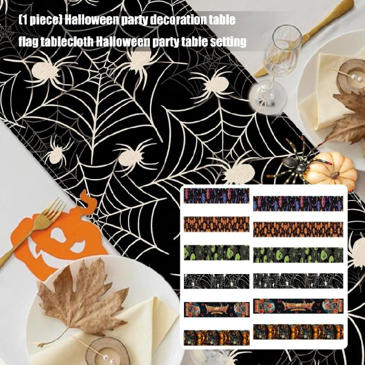 Classical Halloween Party Table Cover With Pumpkin Spiderweb Skull Pattern Washable Linen Fabric Table Runner Decoration