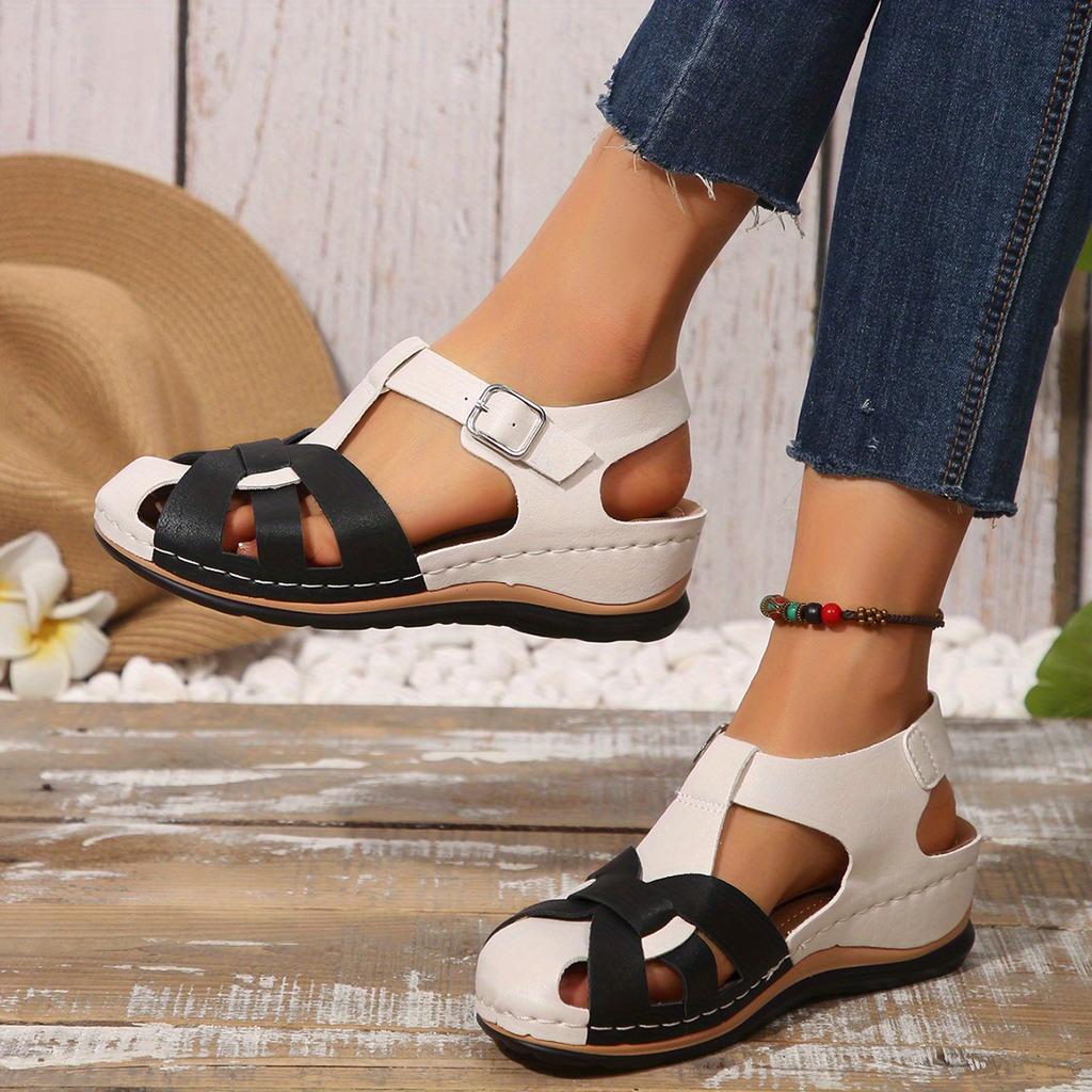 Women's Summer Platform Sandals with Adjustable Hook-and-Loop Thick Cushioned Sole & Red Straps - Black Casual Shoes for Casual Attire Comfortab