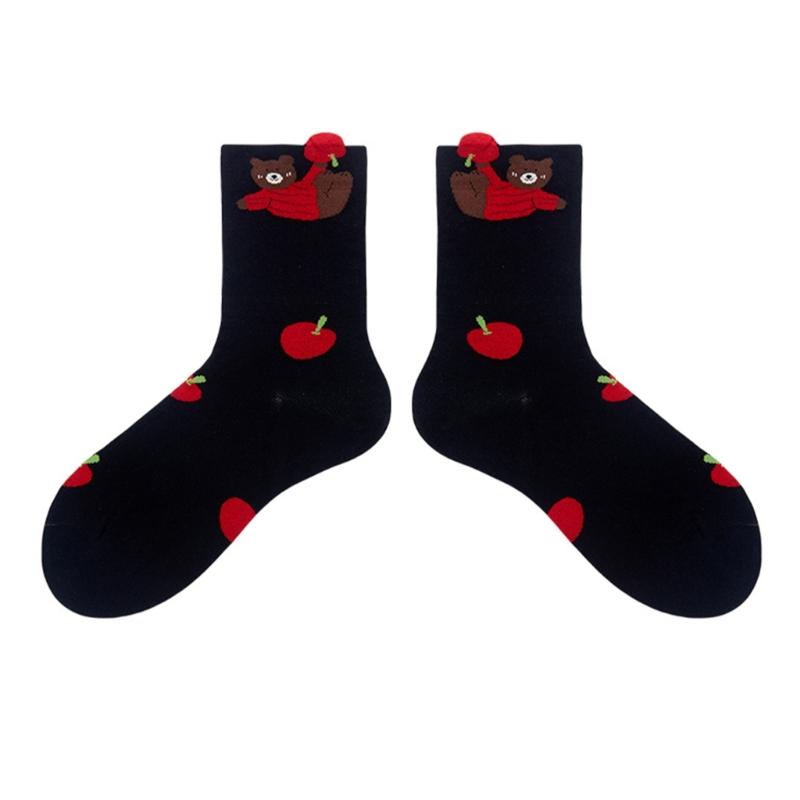 

Breathable Cotton Medium Calf Socks With Cartoon Patterns Practical Stretch Fitted For Spring And Autumn